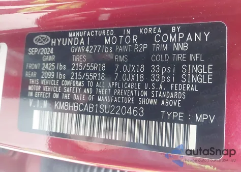 2025 Hyundai Kona Sel z USA, uszkodzony, nr VIN KM8HBCAB1SU220463